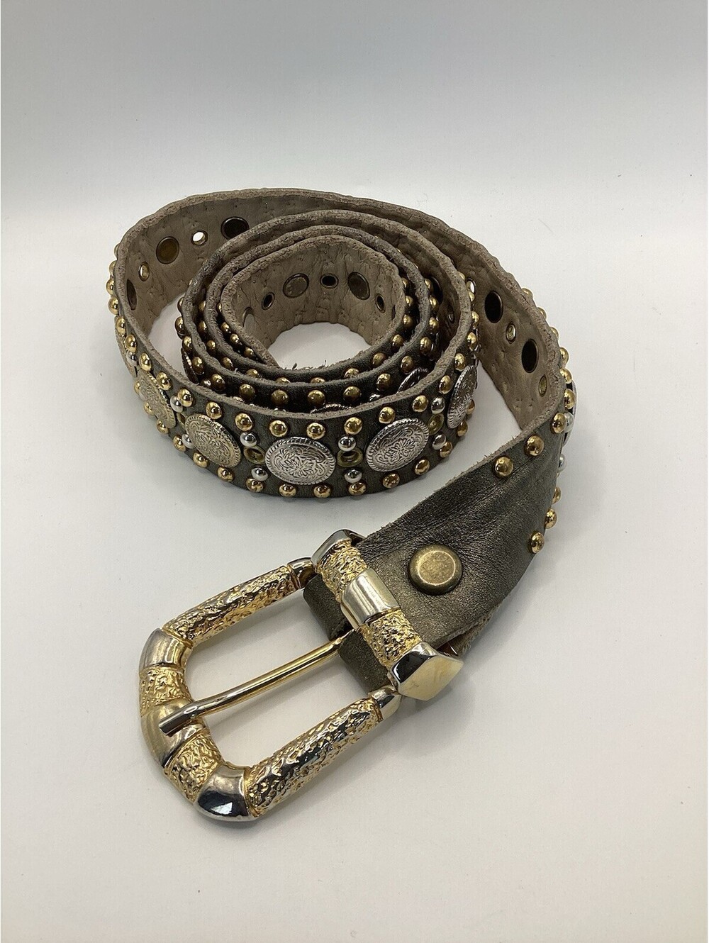 Western Studded Leather Belt With Metal Conchos And Gold And Silver Tones